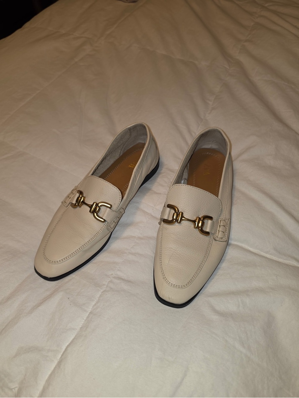 Zara Cream Leather Loafers with Gold Horsebit